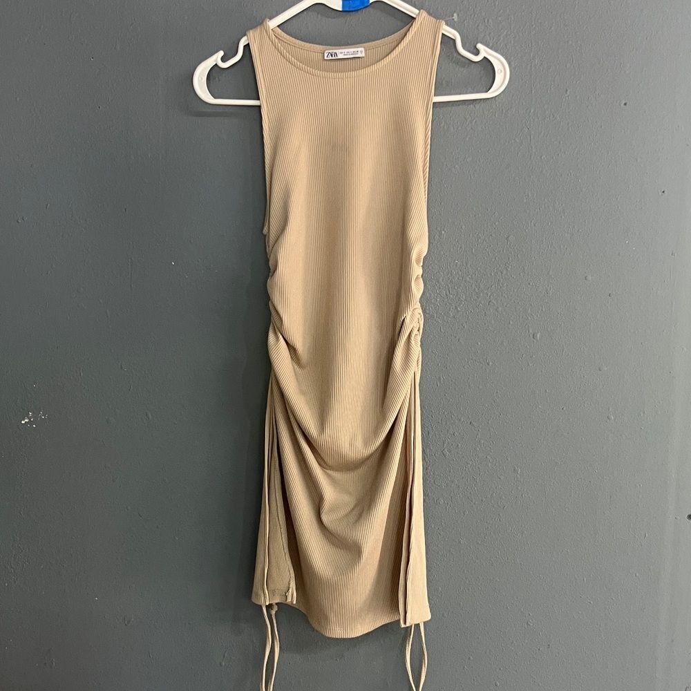 ZARA Tan High NeckβSleeveless Gathered Mini Bodycon Vacation Beach Dress Small #